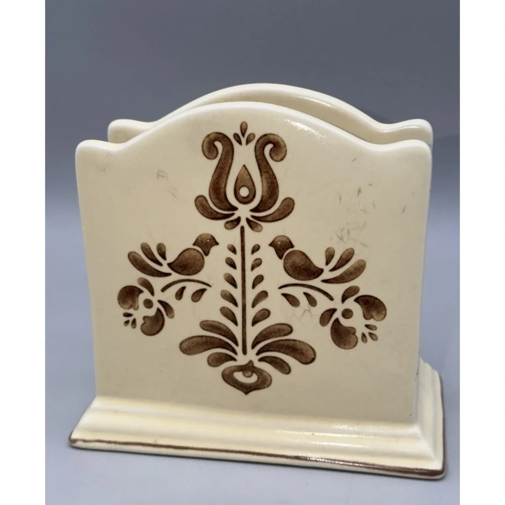 Pfaltzgraff Village Stoneware Napkin Holder Mail Organizer Folk Art Bird